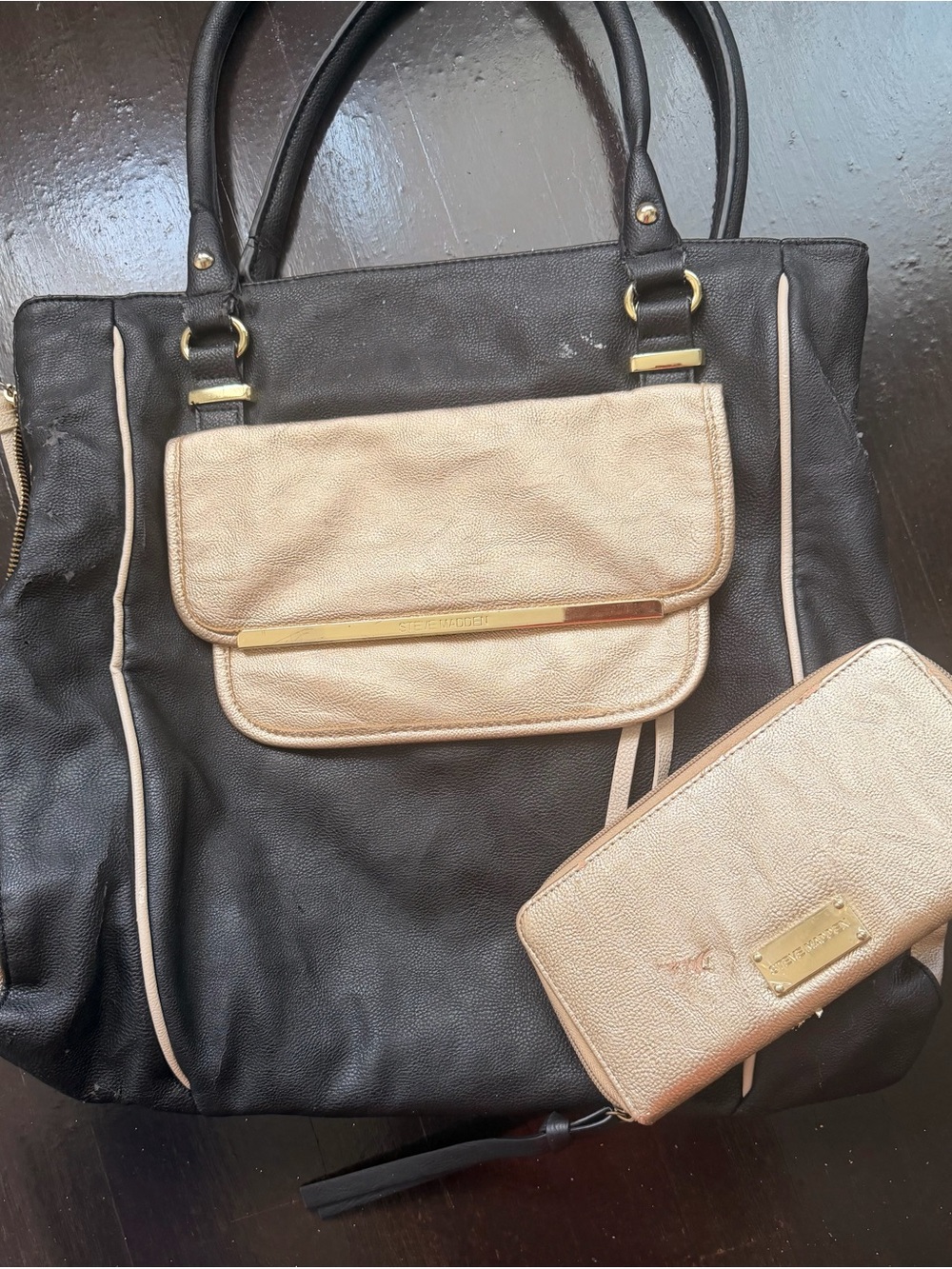 Steve Madden Black Tote with Gold-Tone Pocket and Matching Gold Wallet